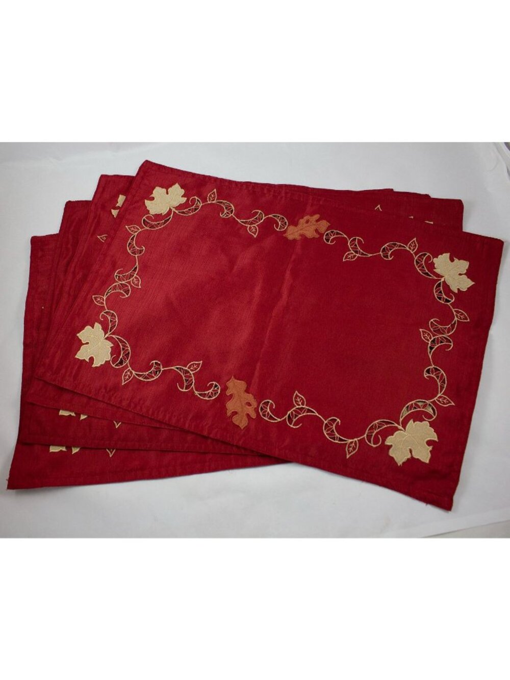 Burgundy Polyester Placemats Intricate Embroidered Border Fall Leaf & Vine Motif